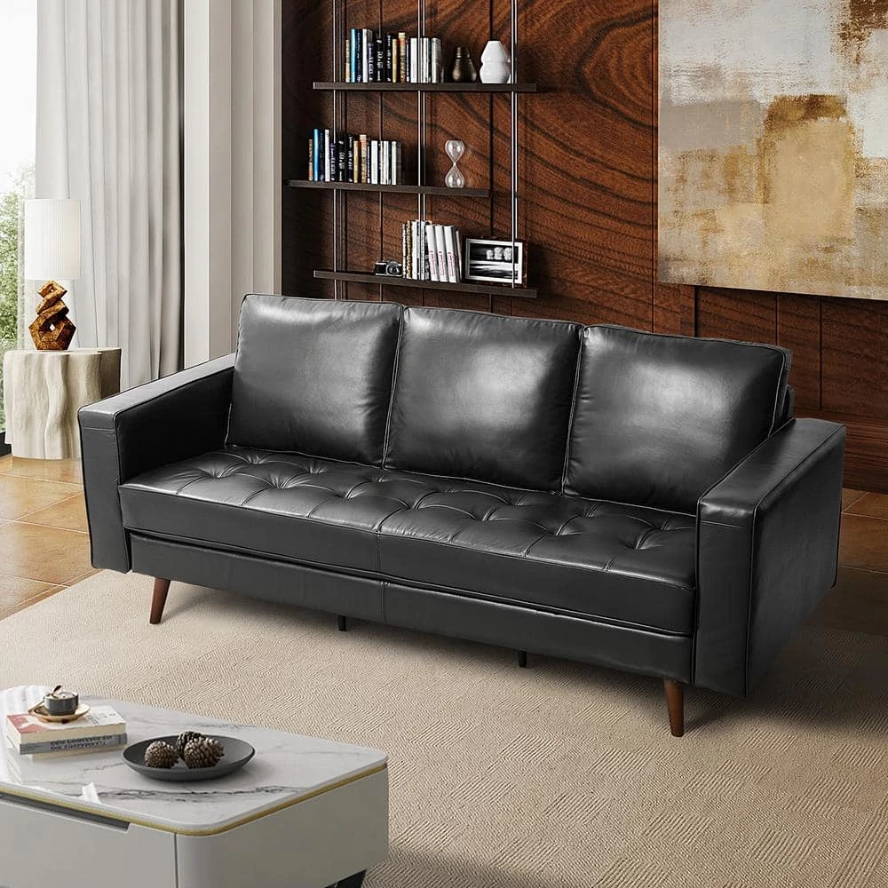 Agamemnon 82 in. Black Genuine Leather Straight Sofa with Solid Wood Legs by JAYDEN CREATION 10 Agamemnon 82 in. Black Genuine Leather Straight Sofa with Solid Wood Legs by JAYDEN CREATION - Image 10