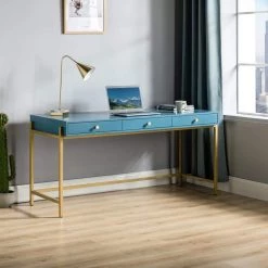 Zulma Blue 64 in. Writing Desk with Golden Base by JAYDEN CREATION -JAYDEN CREATION Sales blue jayden creation writing desks dkhn0066 blue 31 1000