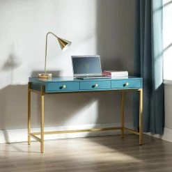 Yakira 47.3 in. Blue Writing Desk with Golden Base by JAYDEN CREATION -JAYDEN CREATION Sales blue jayden creation writing desks dkhn0067 blue 31 1000