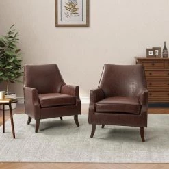 Scylla Vegan Leather Brown Armchair with Solid Wood Legs (Set of 2) by JAYDEN CREATION -JAYDEN CREATION Sales brown jayden creation accent chairs chm0567 brown s2 31 1000