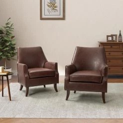 Scylla Vegan Leather Brown Armchair with Solid Wood Legs (Set of 2) by JAYDEN CREATION