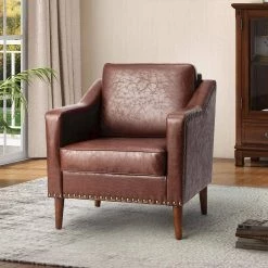 Celio Vegan Leather Brown Armchair with Solid wood Legs by JAYDEN CREATION -JAYDEN CREATION Sales brown jayden creation accent chairs chwh0598 brown 31 1000