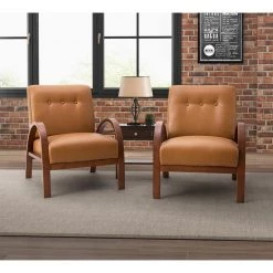 Byblis Vegan Leather Camel Armchair with Wooden Legs (Set of 2) by JAYDEN CREATION 19 Byblis Vegan Leather Camel Armchair with Wooden Legs (Set of 2) by JAYDEN CREATION -JAYDEN CREATION Sales camel jayden creation accent chairs chjk0544 camel s2 31 1000