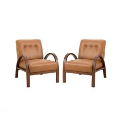 Byblis Vegan Leather Camel Armchair with Wooden Legs (Set of 2) by JAYDEN CREATION