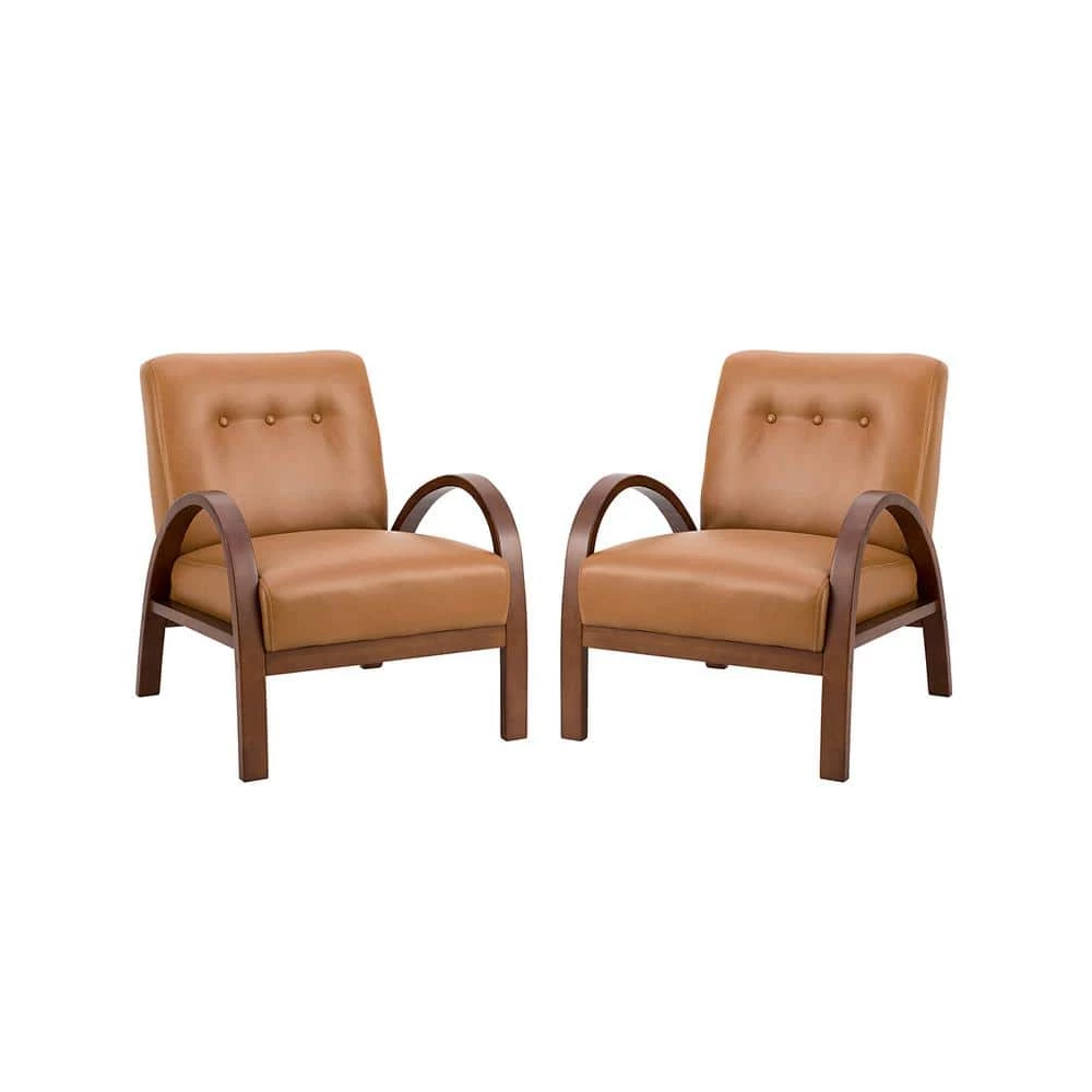 Byblis Vegan Leather Camel Armchair with Wooden Legs (Set of 2) by JAYDEN CREATION 1 Byblis Vegan Leather Camel Armchair with Wooden Legs (Set of 2) by JAYDEN CREATION