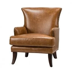 Bonnot Camel Solid and Manufactured Wooden Upholstered Faux Leather Armchair with Nailhead Trim by JAYDEN CREATION