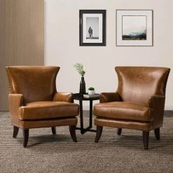 Bonnot Camel Solid and Manufactured Wooden Upholstered Faux Leather Armchair with Nailhead Trim (Set of 2) by JAYDEN CREATION -JAYDEN CREATION Sales camel jayden creation accent chairs chlj0302 camel s2 31 1000