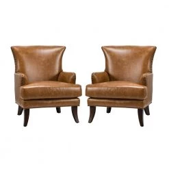Bonnot Camel Solid and Manufactured Wooden Upholstered Faux Leather Armchair with Nailhead Trim (Set of 2) by JAYDEN CREATION