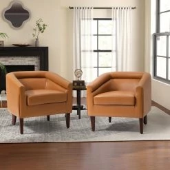 Liz Camel Vegan Leather Barrel Chair with Wooden Legs (Set of 2) by JAYDEN CREATION 19 Liz Camel Vegan Leather Barrel Chair with Wooden Legs (Set of 2) by JAYDEN CREATION -JAYDEN CREATION Sales camel jayden creation accent chairs chm0585 camel s2 31 1000