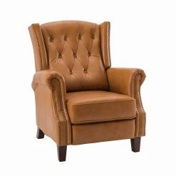 Cilla Genuine Leather Camel Manual Recliner with Wooden Legs by JAYDEN CREATION