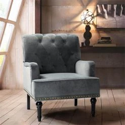 Enrica Grey Tufted Comfy Armchair with Nailhead Trim by JAYDEN CREATION -JAYDEN CREATION Sales grey jayden creation accent chairs chm0232 grey 31 1000