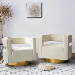 Bettina Golden Base Ivory Comfy Velvet Arm Barrel Chair with Open Back (Set of 2) by JAYDEN CREATION -JAYDEN CREATION Sales ivory jayden creation accent chairs chm0141 ivory s2 31 1000