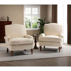 Bastien Ivory Armchair with Wooden Legs (Set of 2) by JAYDEN CREATION