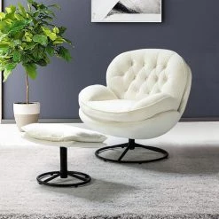 Leonor Ivory Swivel Lounge Chair and Ottoman with Swivel Metal Base by JAYDEN CREATION