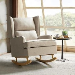 Andres Linen Rocking Chair with Solid Wooden legs by JAYDEN CREATION