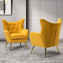 Jacob Golden Leg Mustard Wingback Chair with Tufted Back (Set of 2) by JAYDEN CREATION -JAYDEN CREATION Sales mustard jayden creation accent chairs chdt0103 mustard s2 31 1000
