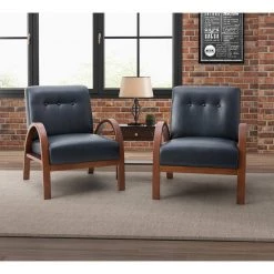 Byblis Vegan Leather Navy Armchair with Wooden Legs (Set of 2) by JAYDEN CREATION -JAYDEN CREATION Sales navy jayden creation accent chairs chjk0544 navy s2 31 1000