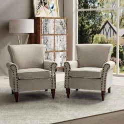 Macedonia Oatmeal ArmChair with Nailhead Trim (Set of 2) by JAYDEN CREATION -JAYDEN CREATION Sales oatmeal jayden creation accent chairs chwh0479 oatmeal s2 31 1000