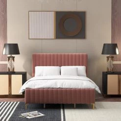 Latium 65 in. W Pink Tufted Upholstered Platform Bed with Metal Legs by JAYDEN CREATION -JAYDEN CREATION Sales pink jayden creation platform beds bst0378 qb pink ab 31 1000