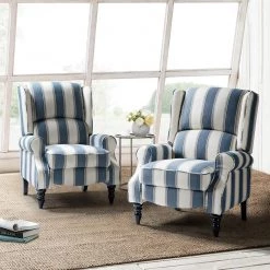 Bogazk Stripe Navy Manual Recliner with Rubber Wood Legs (Set of 2) by JAYDEN CREATION -JAYDEN CREATION Sales stripe navy jayden creation recliners hrchd0194 4 s2 31 1000