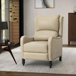 Charles Tan Genuine Leather Recliner with Solid Wood Legs by JAYDEN CREATION