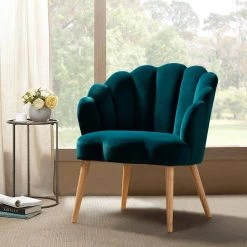 Flora Teal Scalloped Velvet Arm Chair by JAYDEN CREATION -JAYDEN CREATION Sales teal jayden creation accent chairs hm19042 teal 31 1000