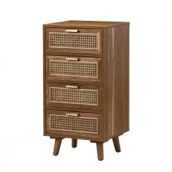 Mia 4-Drawer 16.2 in. W x 13.5 in. D x 33 in. H Walnut Accent Chest with Rattan Design by JAYDEN CREATION
