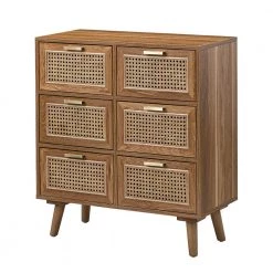 Yvonne 6-Drawer 28 in. W x 13.5 in. D x 30 in. H Walnut Double Dresser with Rattan Design by JAYDEN CREATION