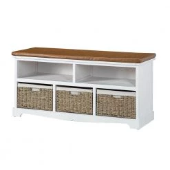 Barasimla White 42 in. W x 15.3 in. D x 20.2 in. H Upholstered Cubby Storage Bench with Woven Baskets by JAYDEN CREATION