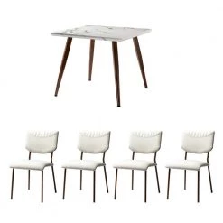 Ergani 5-Piece Dining Set with Square Marbling Table and White Chairs by JAYDEN CREATION