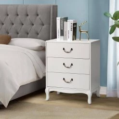 Petra 3-Drawer White 22 in. W x 15.8 in. D x 28 in. H Nightstand with Retro Cabriole Legs and Drop Handles by JAYDEN CREATION -JAYDEN CREATION Sales white jayden creation nightstands nsls0372 white 31 1000