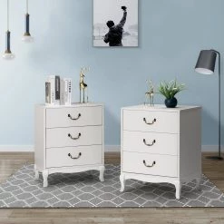 Petra 3-Drawer White 22 in. W x 1 in. D x 28 in. H Nightstand with Retro Cabriole Legs and Drop Handles (Set of 2) by JAYDEN CREATION -JAYDEN CREATION Sales white jayden creation nightstands nsls0372 white s2 31 1000